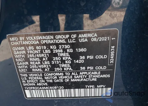 2021 Volkswagen Atlas 3.6L V6 Sel Premium R-Line from USA, damaged, VIN 1V2FR2CA9MC608120